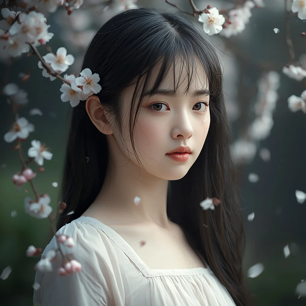 A Beautiful Girl's Melancholy Portrait with Falling Cherry Blossoms | chatgpt photo editing prompts text — AI image prompt