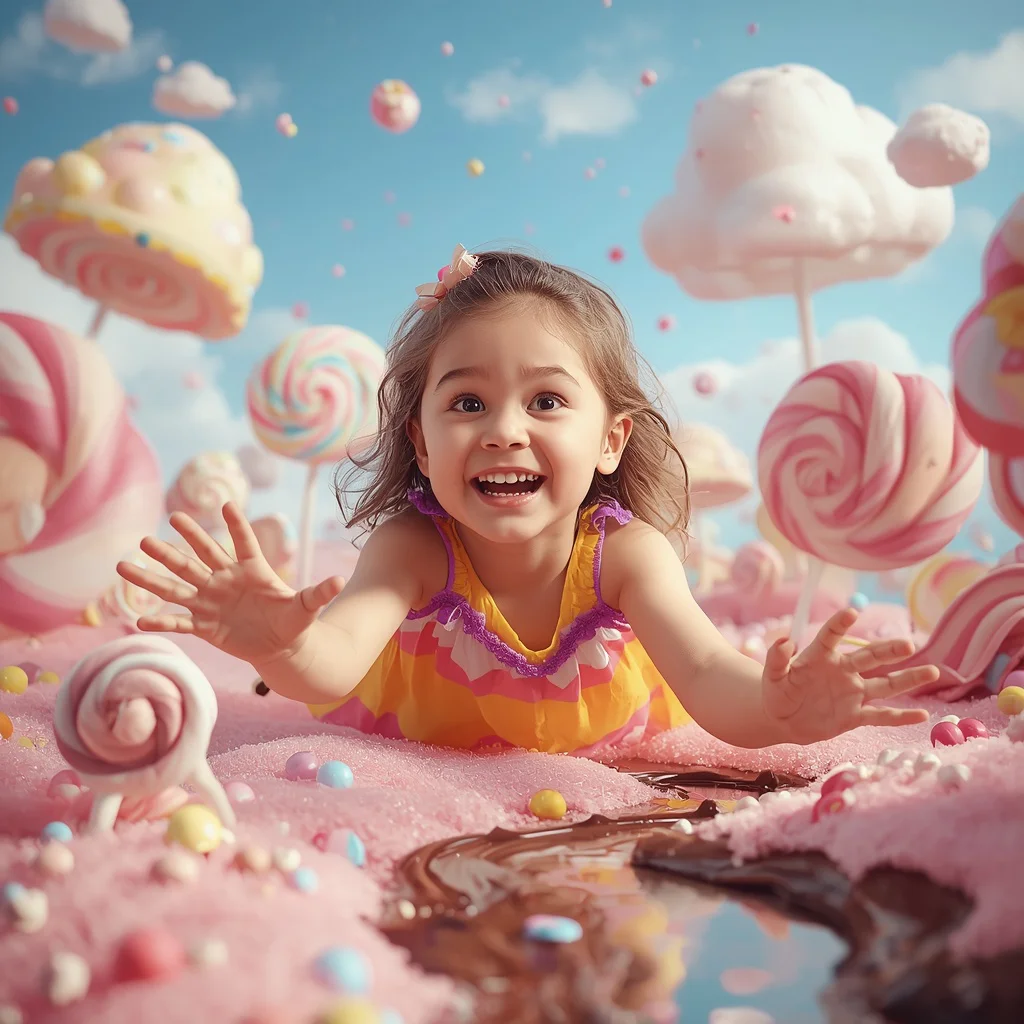A Cute Girl Exploring a Whimsical Candy Land Fantasy | ai prompt text generator — AI image prompt