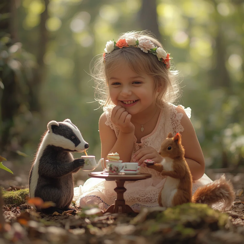 A Cute Girl's Magical Tea Party with Forest Creatures | retro style prompt for gemini girl copy and paste — AI image prompt