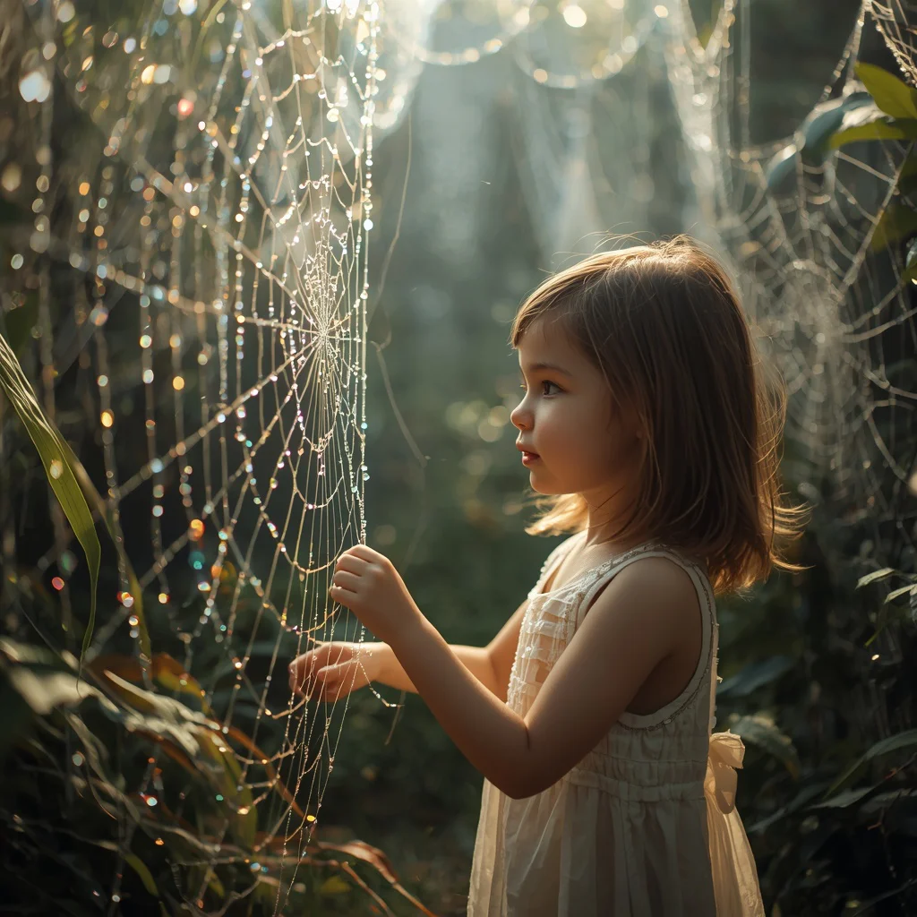 Cute Girl Glistening Dewdrop Spiderweb Oasis | Delicate Nature Cinematic | prompt for traditional look for girl — AI image prompt