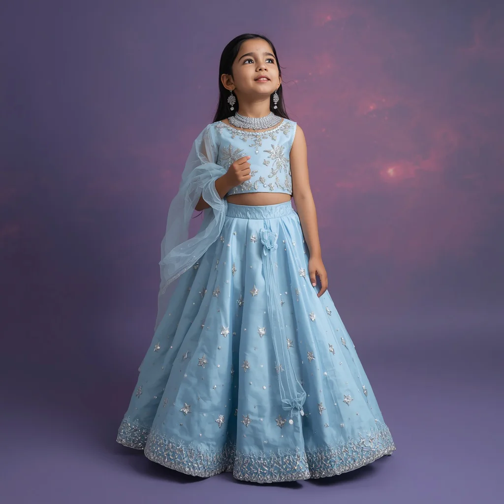 Cute Girl's Celestial Lehenga: Whimsical Starry Night Design | Chatgpt prompt for look — AI image prompt