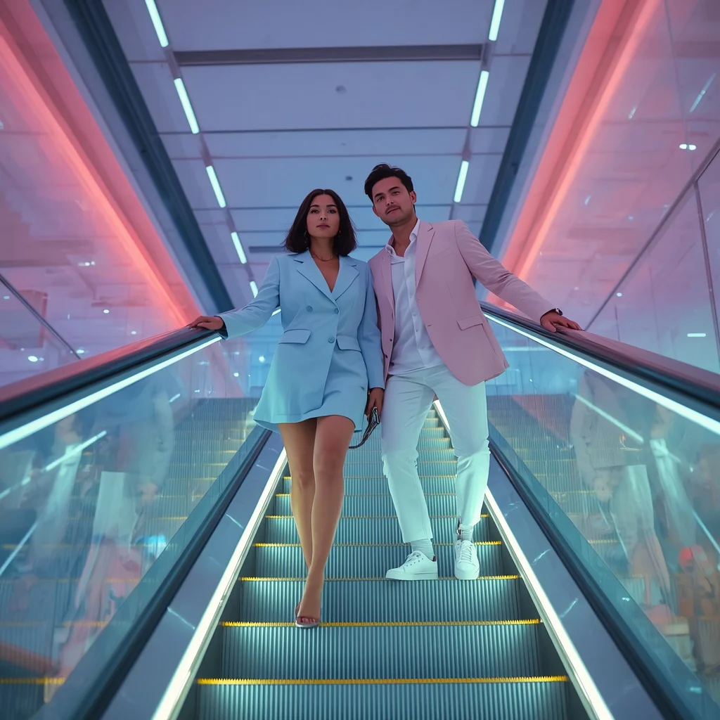 Fashion Influencer Couple Posing on a Pastel-Colored Escalator | Couple prompt chatgpt Instagram — AI image prompt