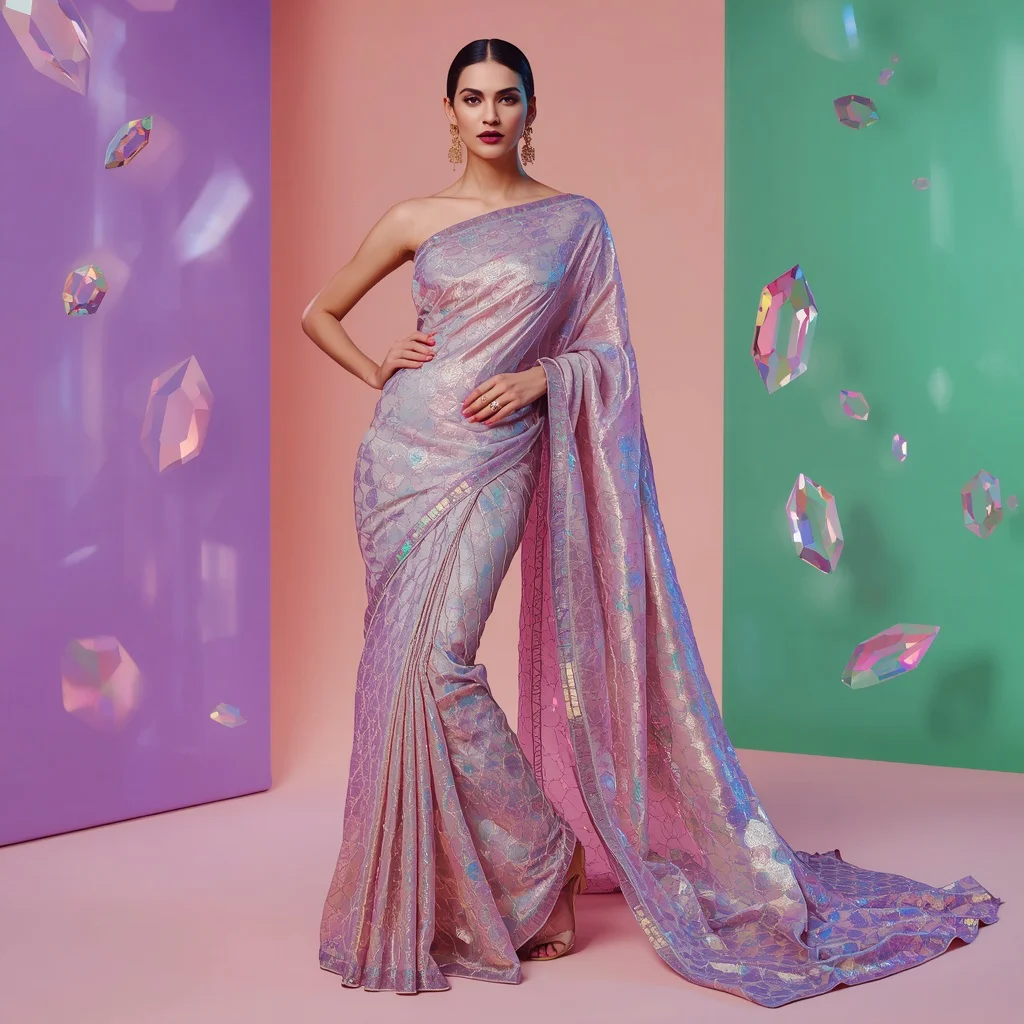 Hyper-realistic Fashion Editorial Liquid Diamond Lattice Saree | instagram prompt for traditional look for girl in english — AI image prompt