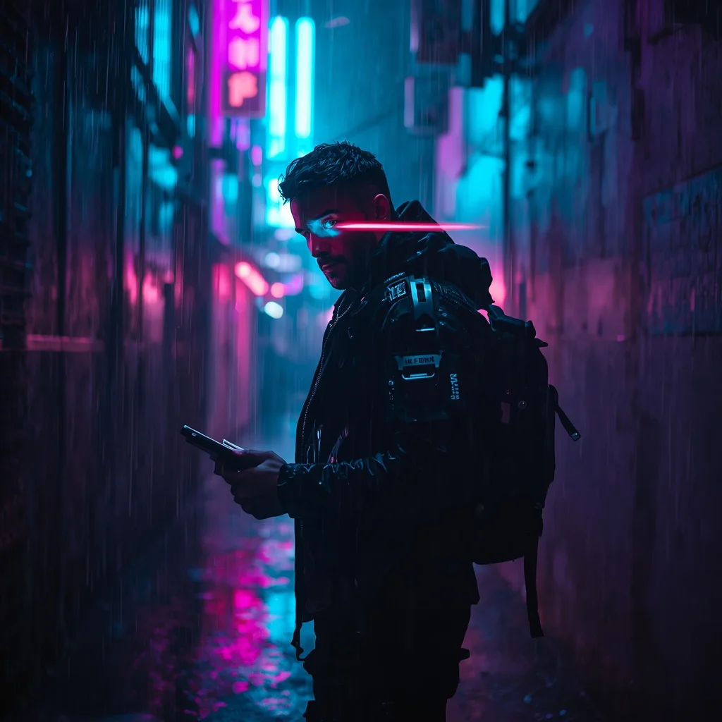 A Man's Dynamic Cyberpunk Portrait in a Neon-Lit Alley with Rain — AI image prompt