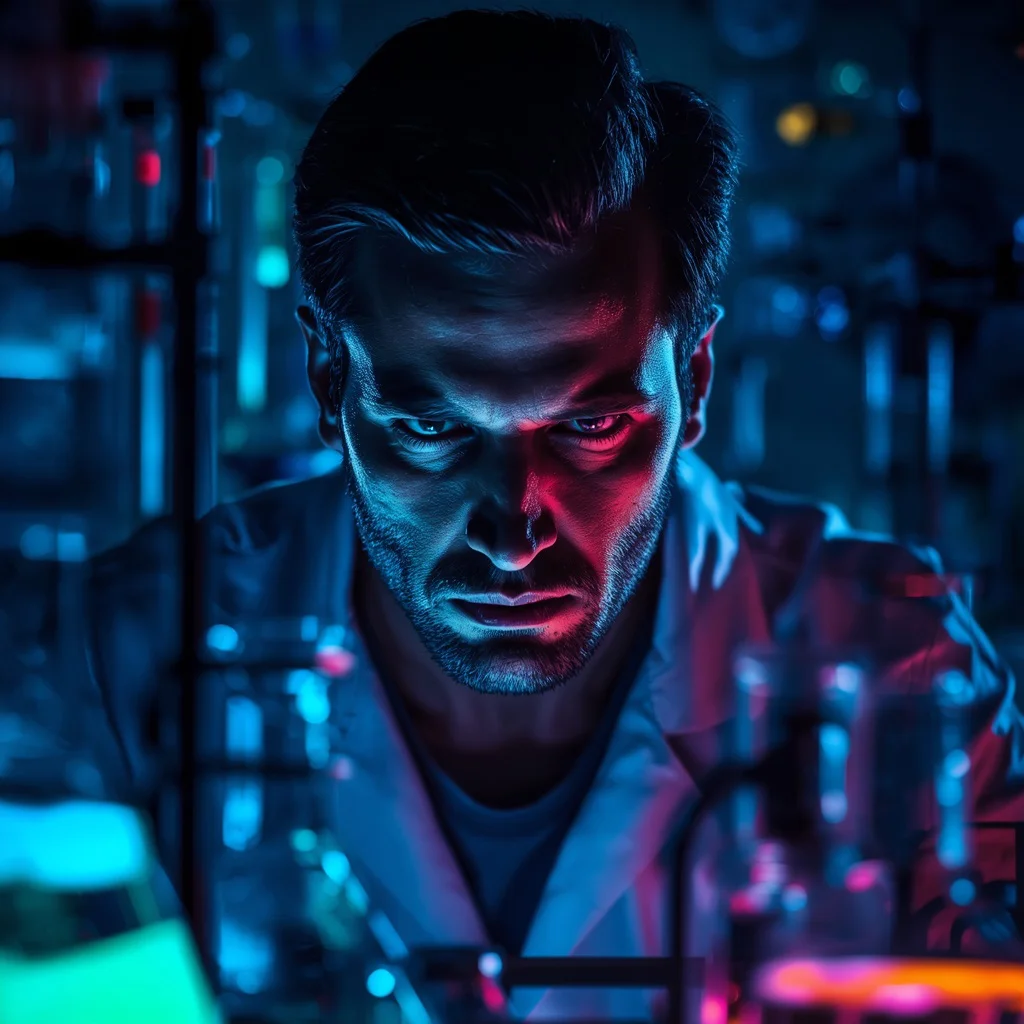 A Man's Intense Gaze in a Darkened Laboratory with Glowing Chemicals — AI image prompt