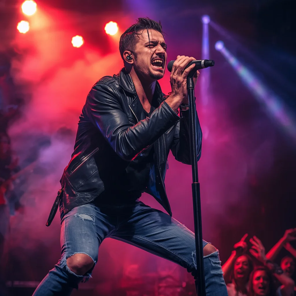 A Man's Intense Portrait as a Rockstar on a Smoky Stage with Spotlights — AI image prompt
