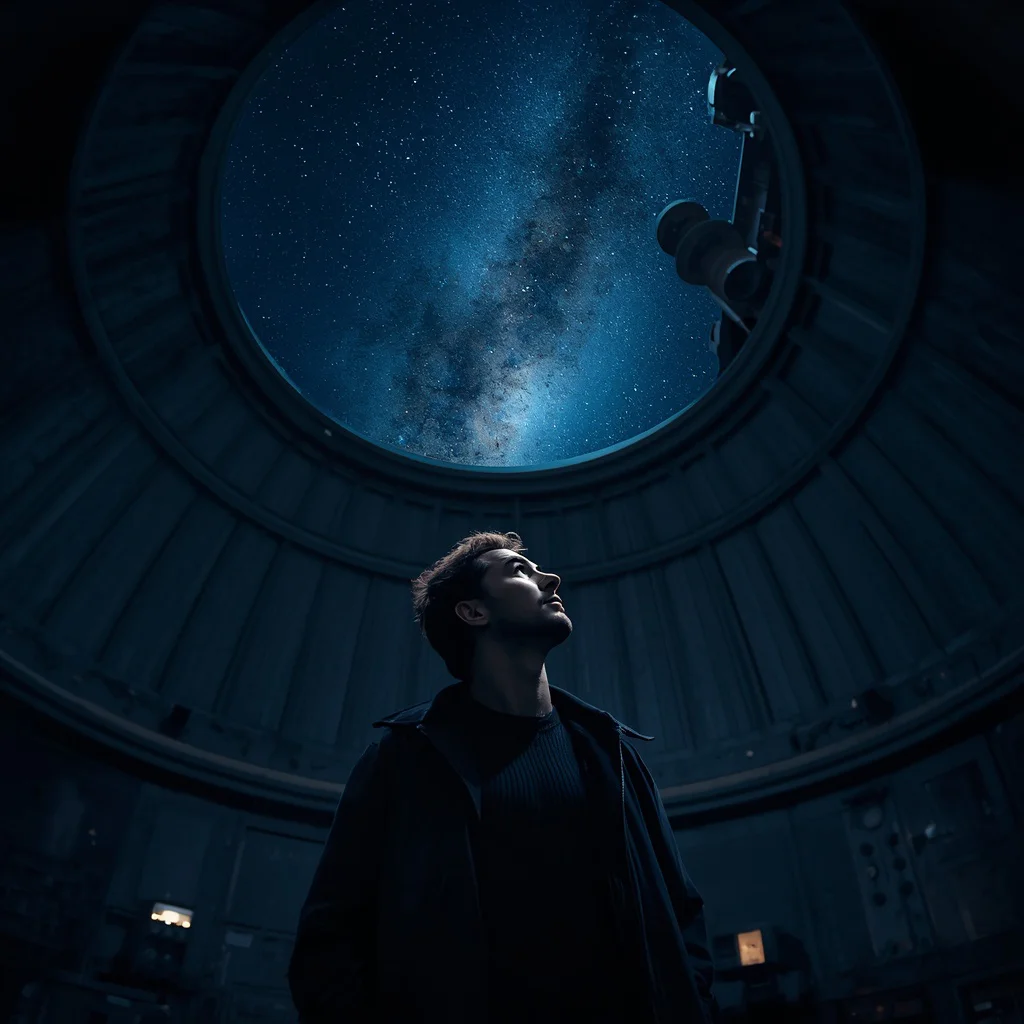 A Man's Reflective Portrait in an Old Observatory with Starry Sky — AI image prompt