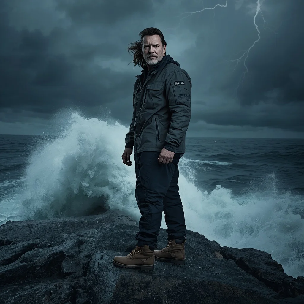 A Man's Rugged Portrait against a Stormy Sea with Dramatic Waves — AI image prompt