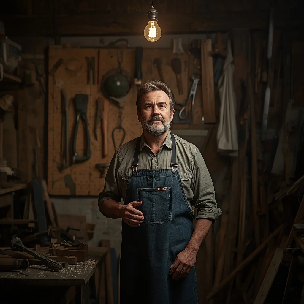 A Man's Thoughtful Portrait in a Rustic Workshop with Tools and Light — AI image prompt
