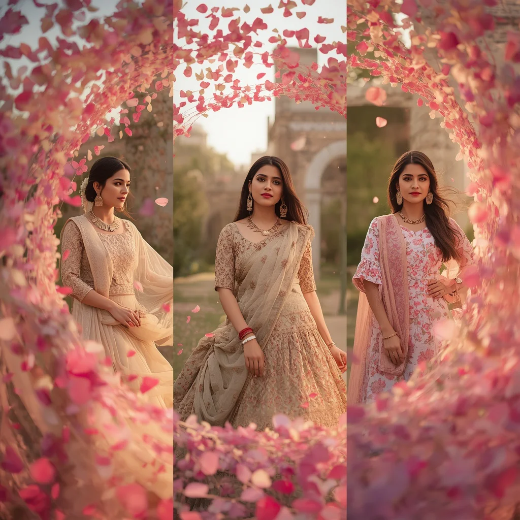A Petal Vortex Collage: Swirling Blooms Around Festive Attire — AI image prompt
