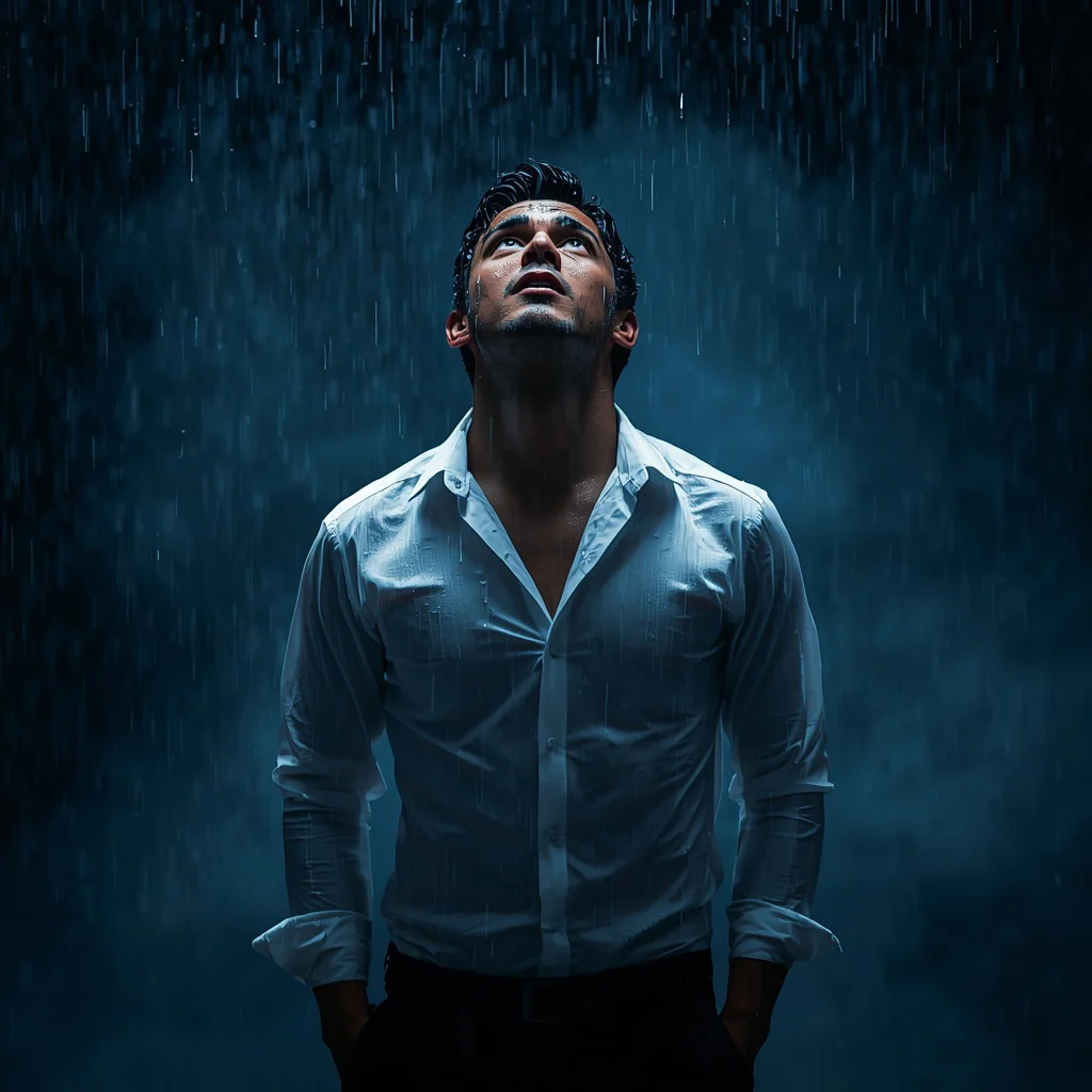 A Stylish Man's Expressive Portrait in Heavy Rain with Cinematic Lighting — AI image prompt