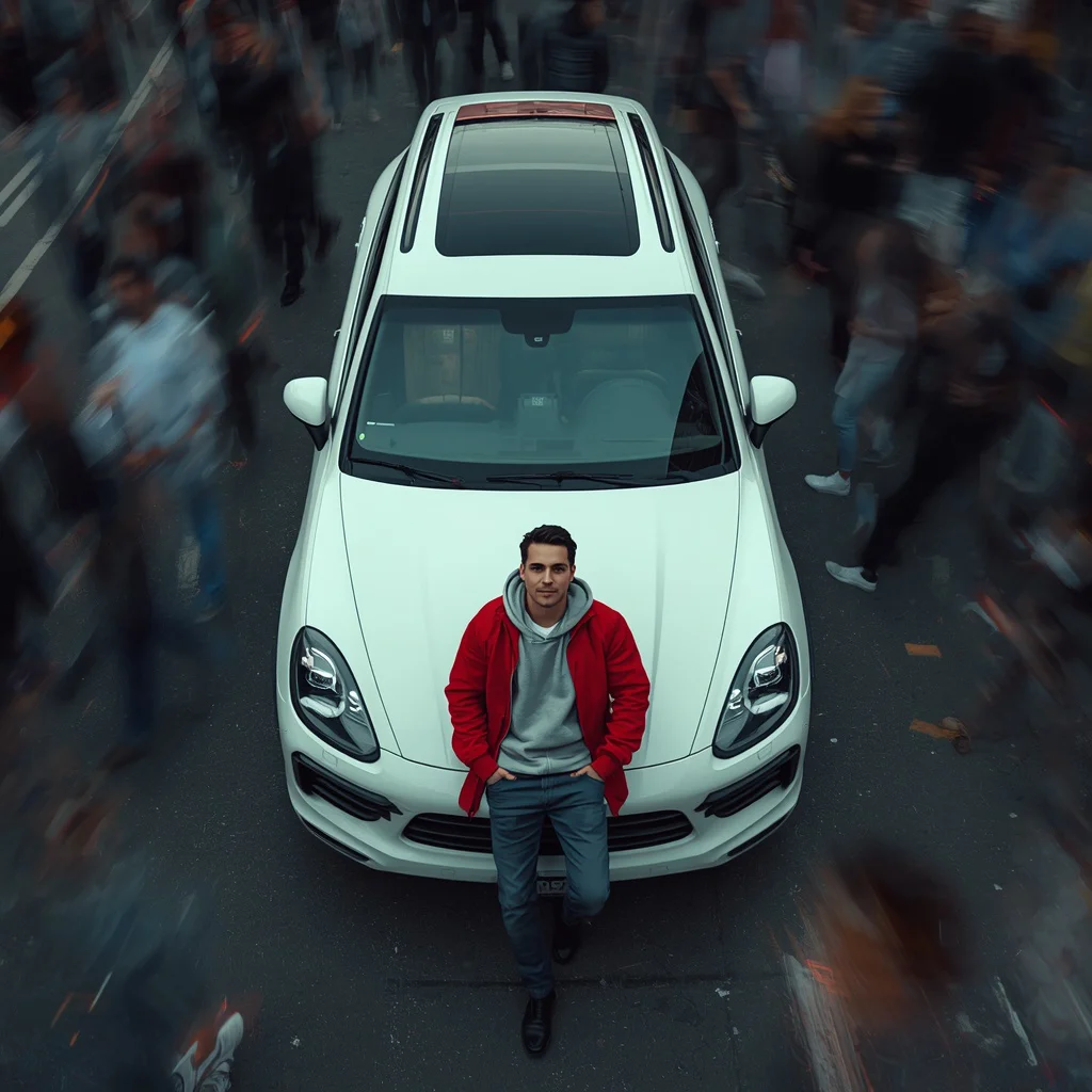 An Aerial Cinematic View of a Man Leaning Against a Luxury SUV — AI image prompt