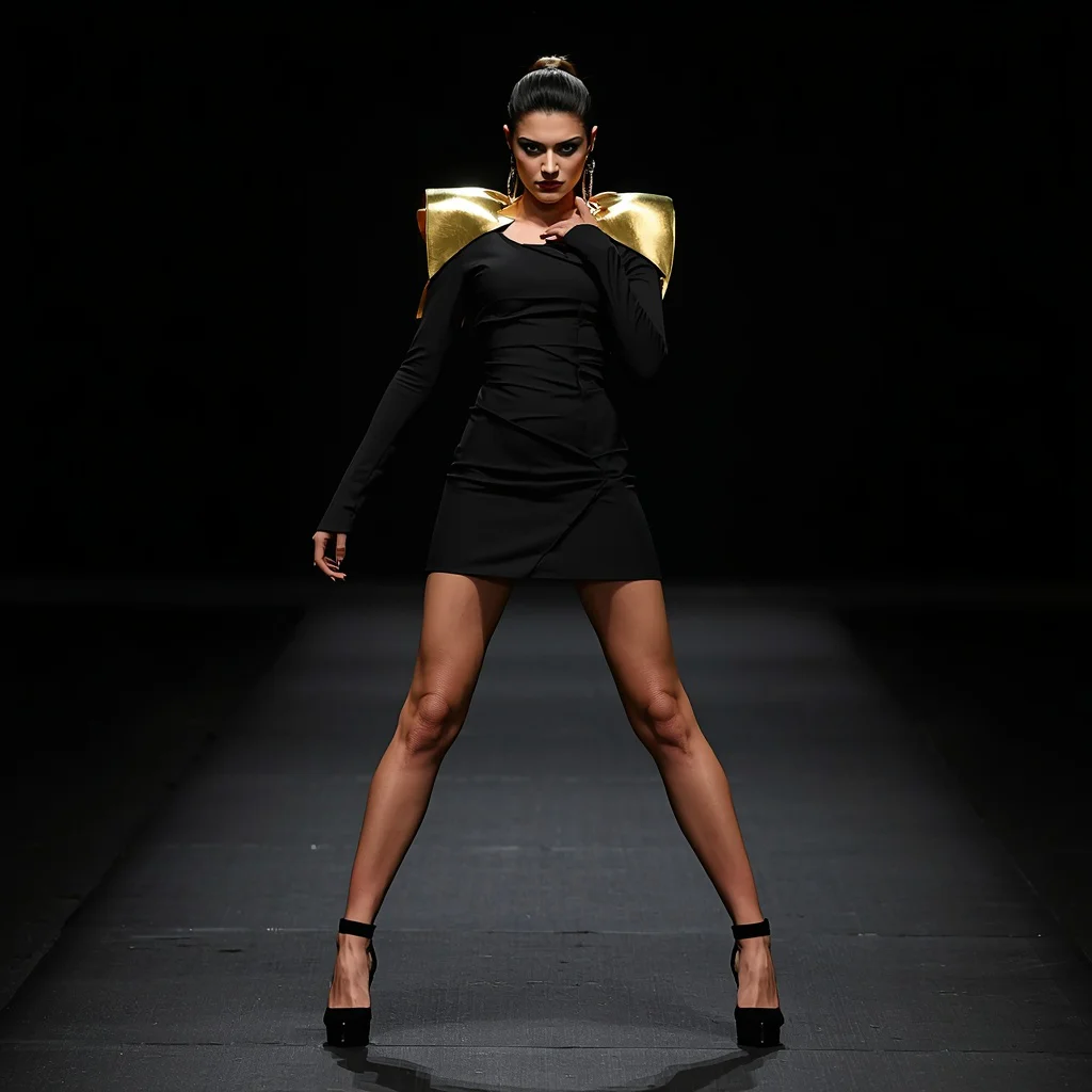 Bold Runway Look in a Sculptural Black and Gold Dress — AI image prompt