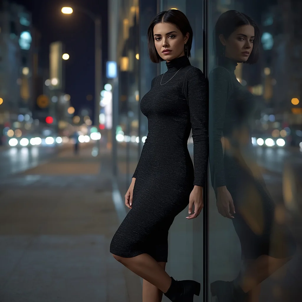 Chic Urban Night Out in a Black Metallic Knit Midi Dress — AI image prompt