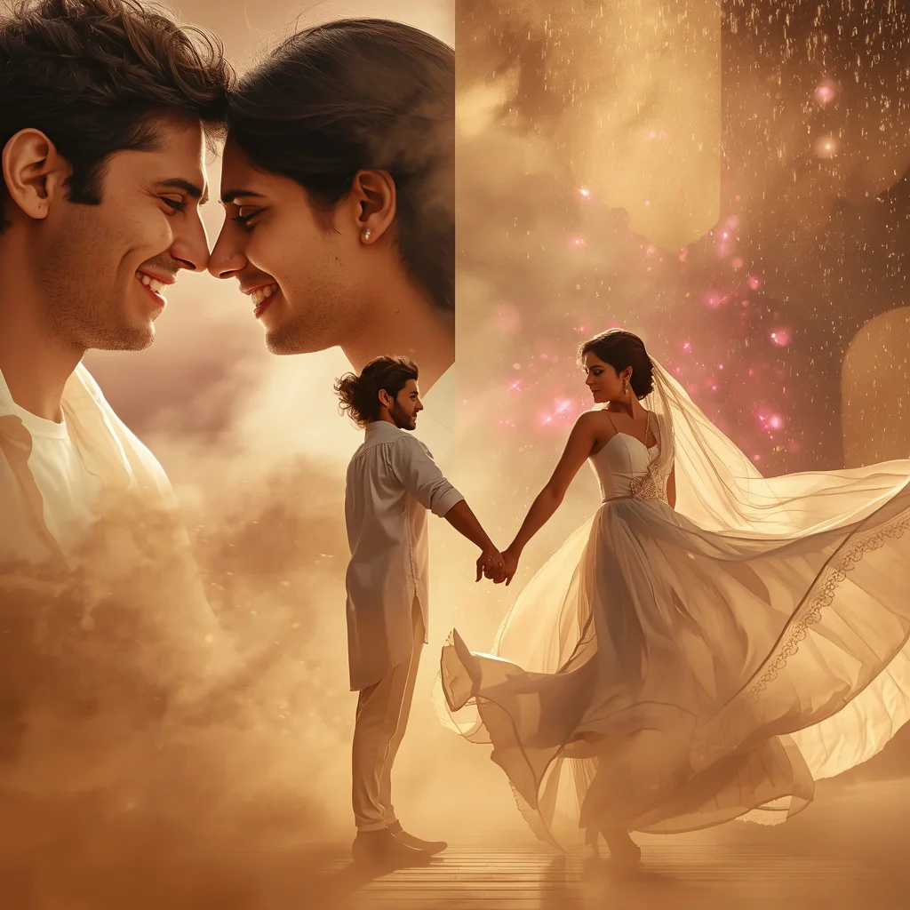 Cinematic Dreamy Movie Poster Couple Collage with Golden Mist — AI image prompt
