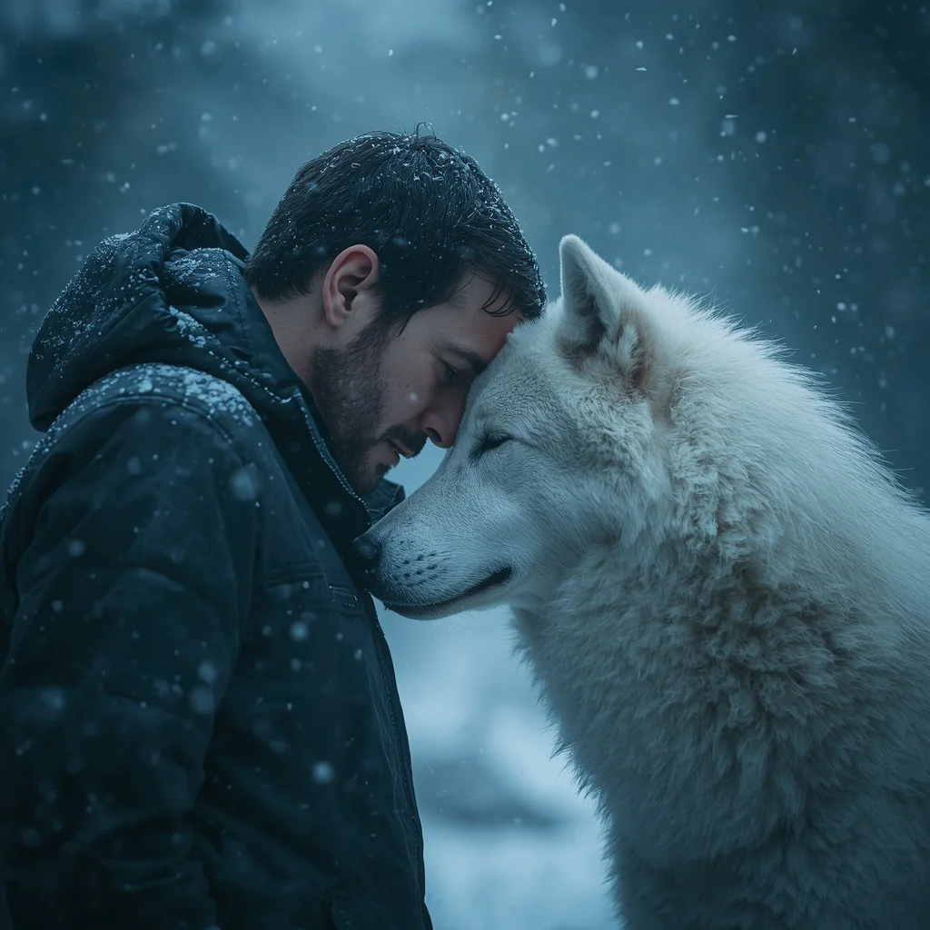 Cinematic Emotional Portrait of a Man and White Wolf in a Snowy Forest — AI image prompt