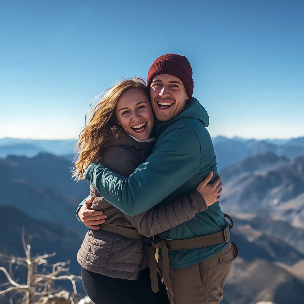 Couple's Adventure: Hiking on a Mountain Peak Embrace — AI image prompt