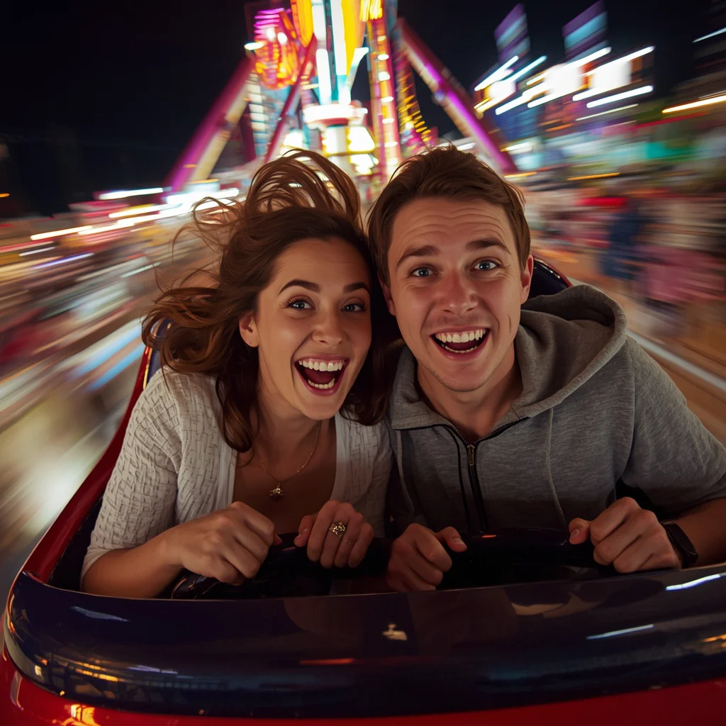 Couple's Candid Laughing at a Theme Park — AI image prompt