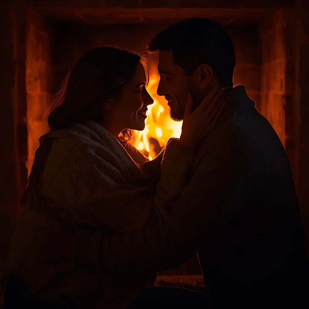 Couple's Cozy Winter Fireplace Embrace — AI image prompt