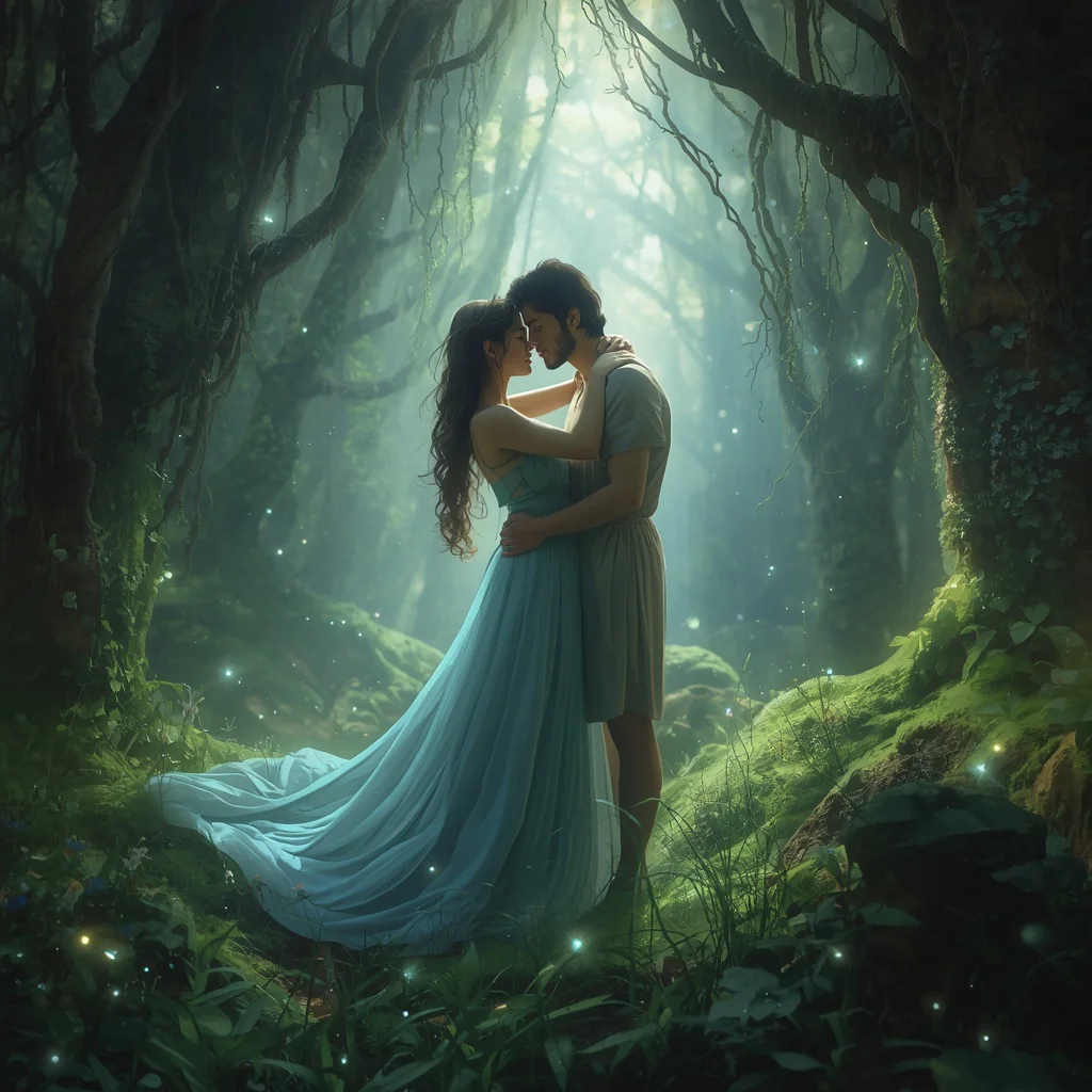 Couple's Ethereal Fantasy Forest Embrace — AI image prompt