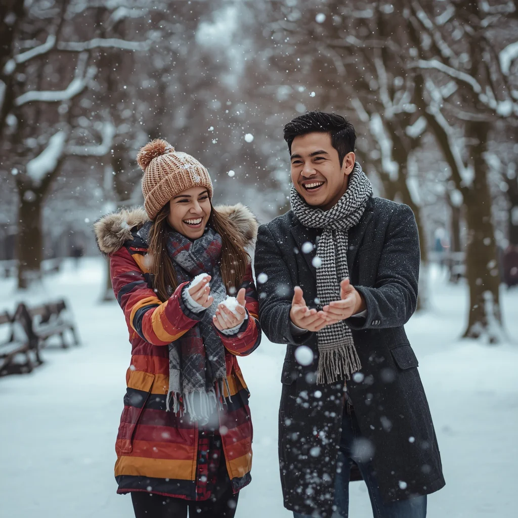 Couple's Joyful Snowball Fight in a Winter Park — AI image prompt