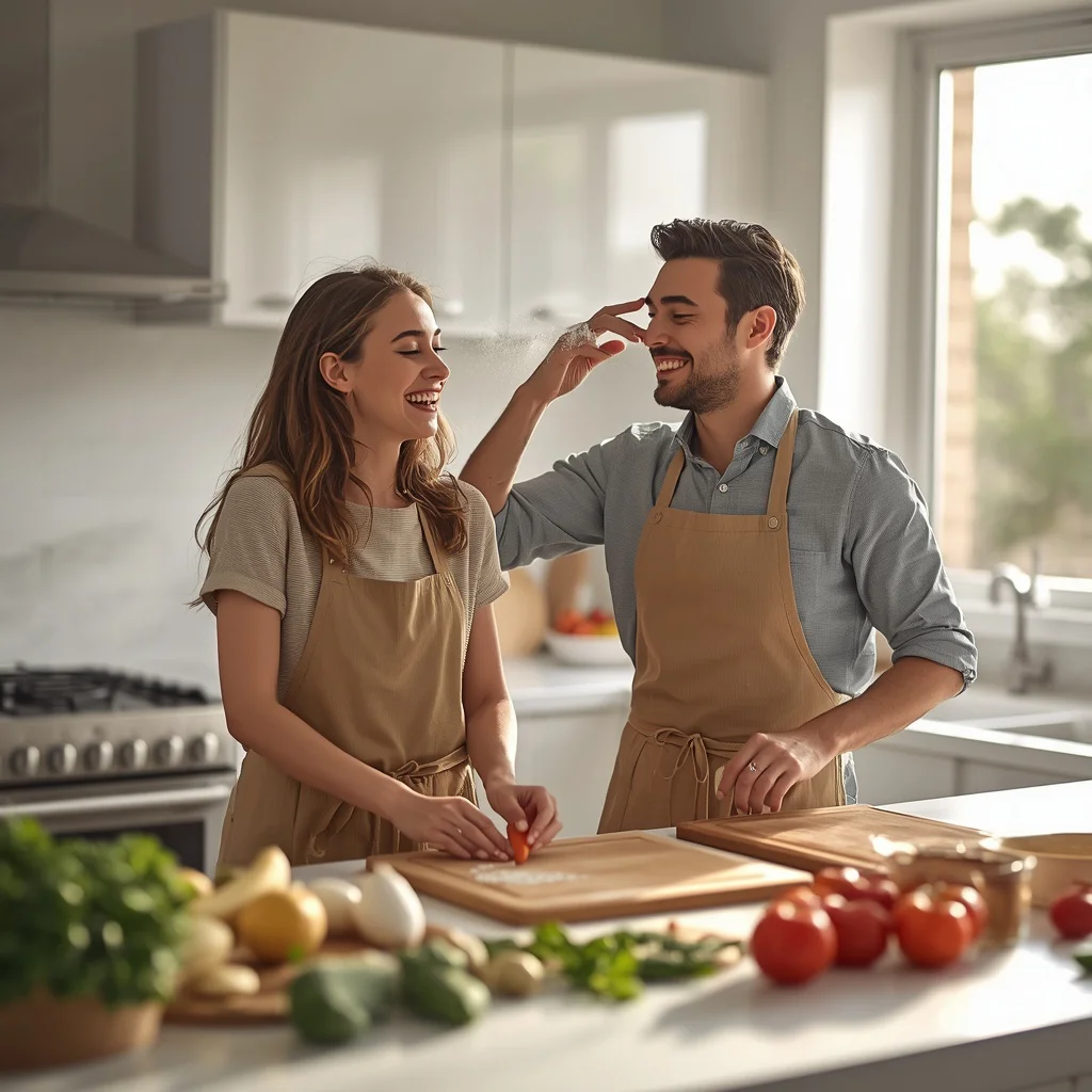 Couple's Playful Cooking in a Modern Kitchen — AI image prompt