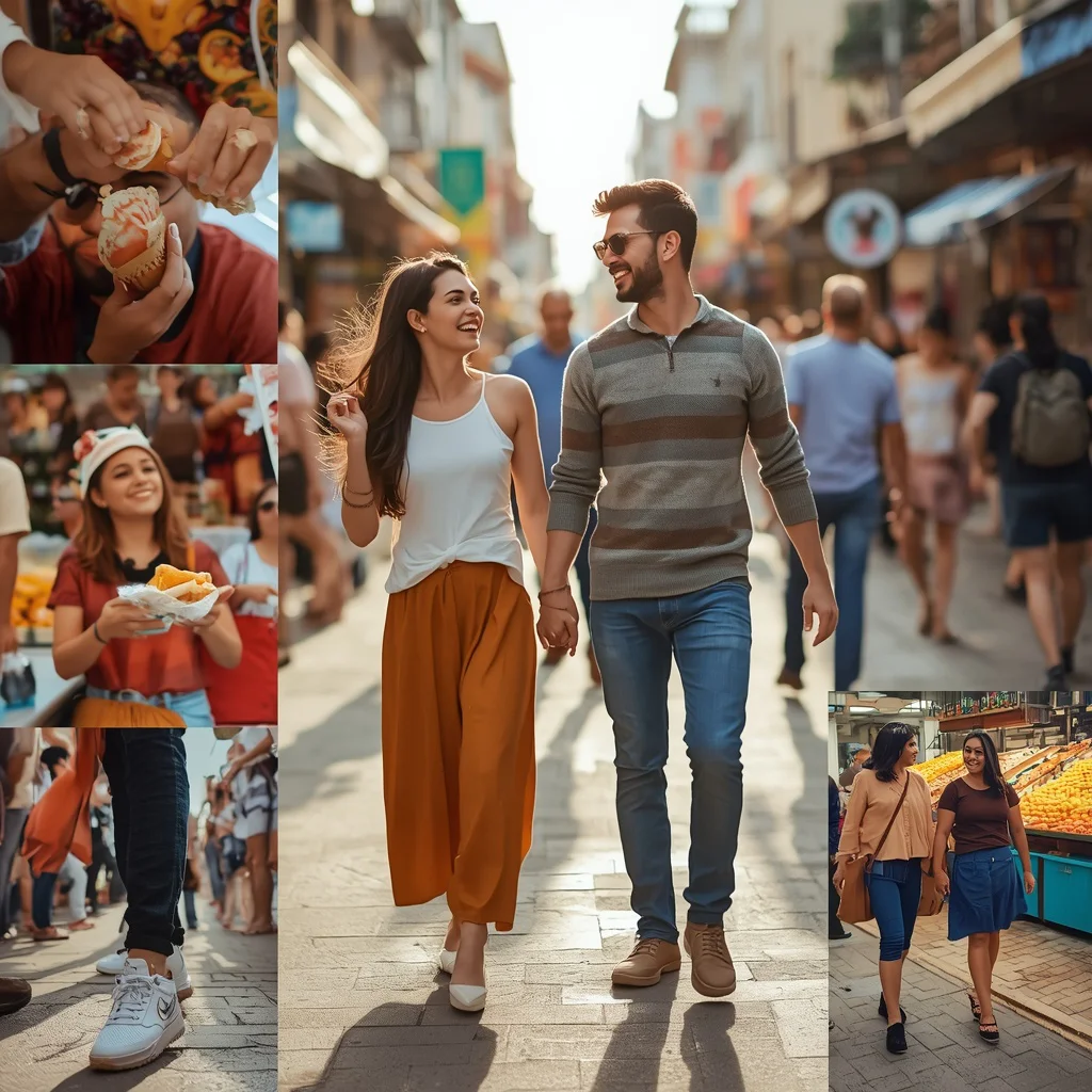 Couple's Playful Market Street Stroll Collage — AI image prompt