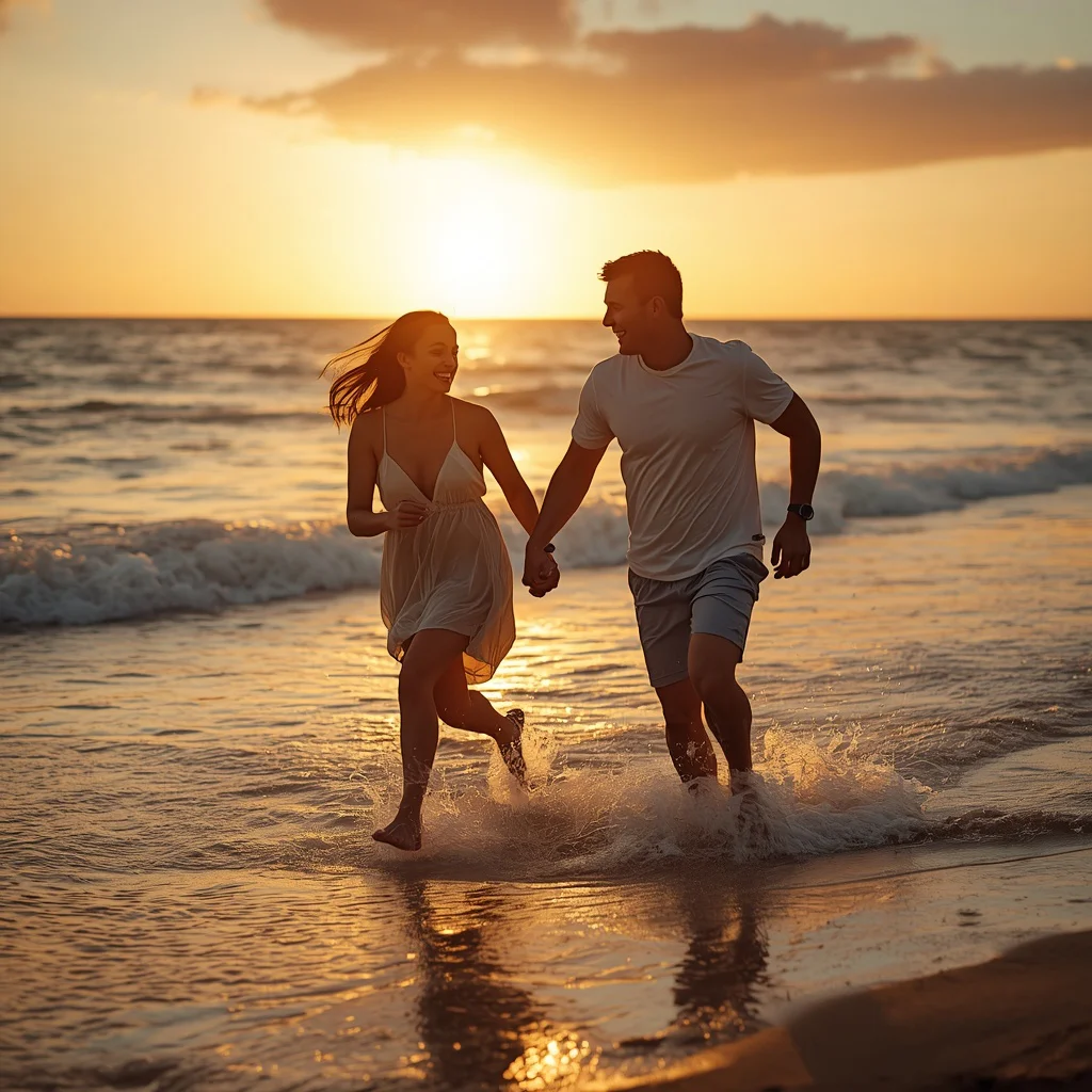 Couple's Playful Sunset Beach Run — AI image prompt