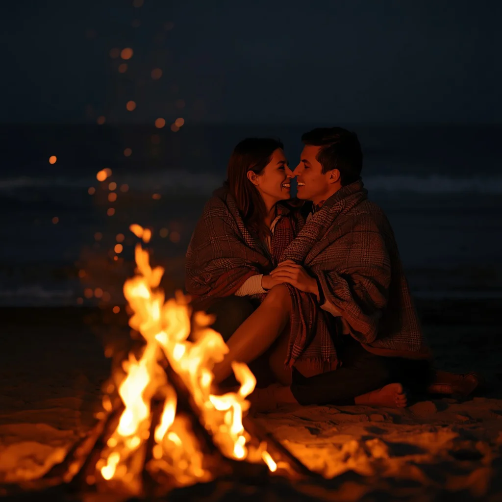Couple's Romantic Beach Bonfire Embrace — AI image prompt