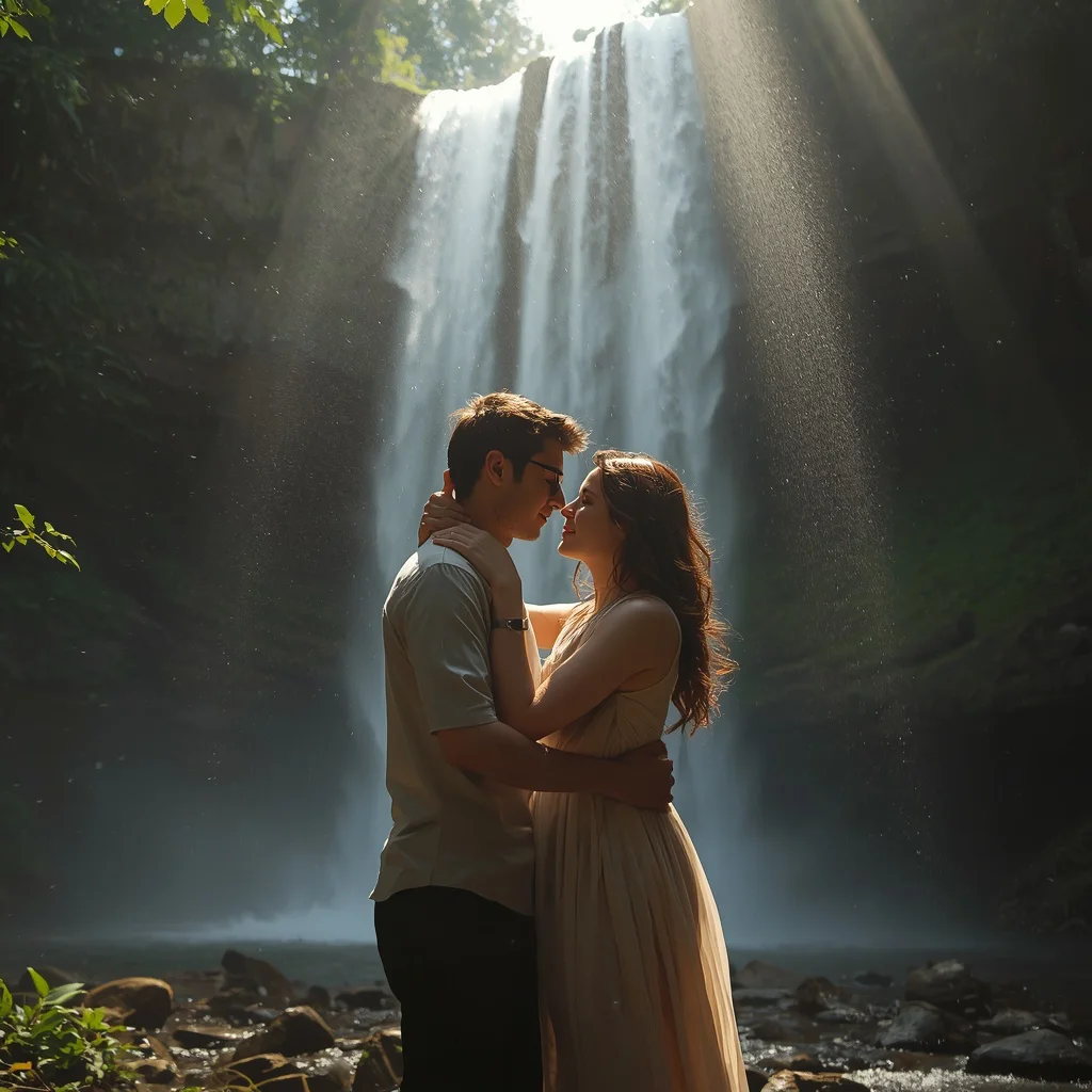 Couple's Romantic Forest Waterfall Embrace — AI image prompt