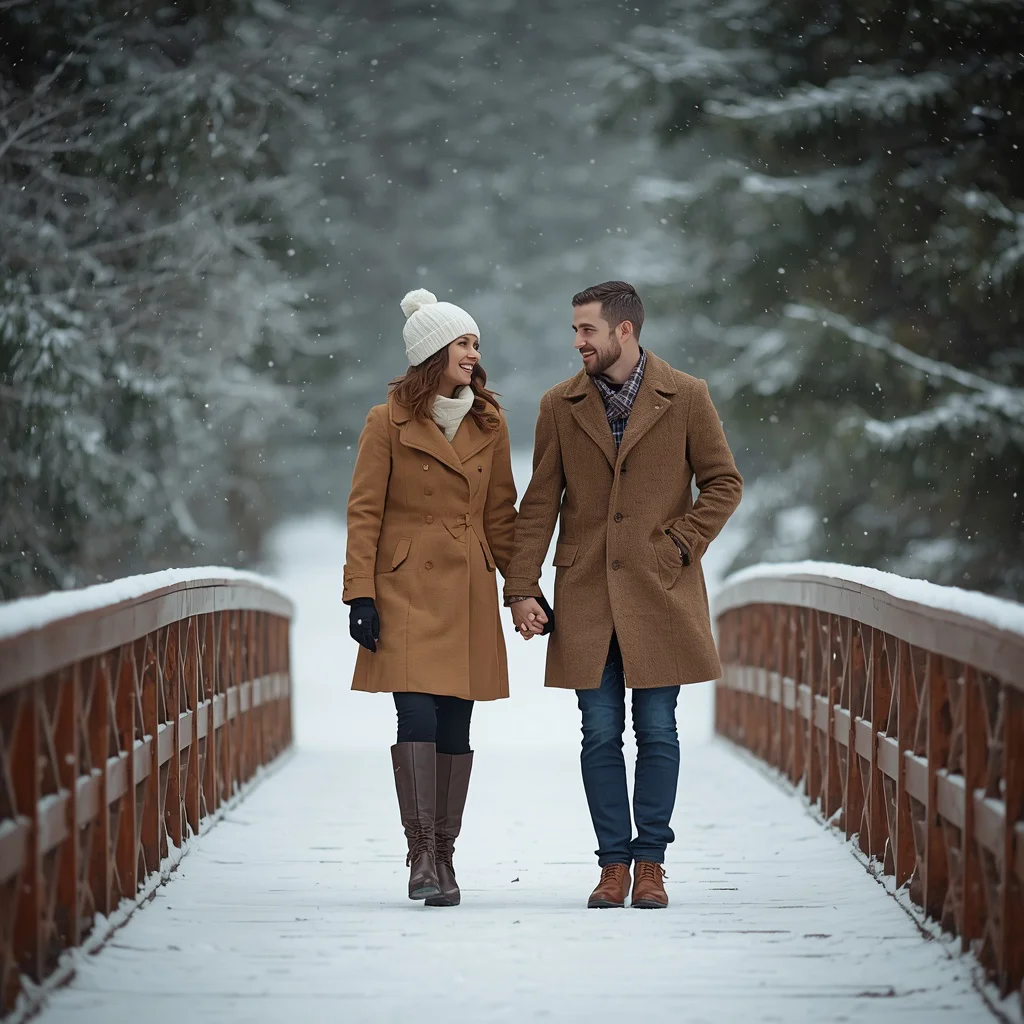 Couple's Romantic Snow-Covered Bridge Stroll — AI image prompt