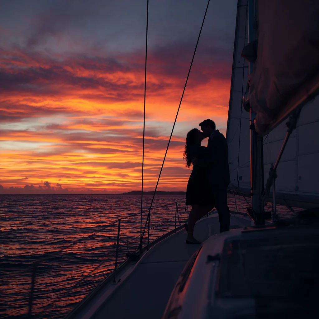 Couple's Romantic Sunset Sailboat Kiss — AI image prompt