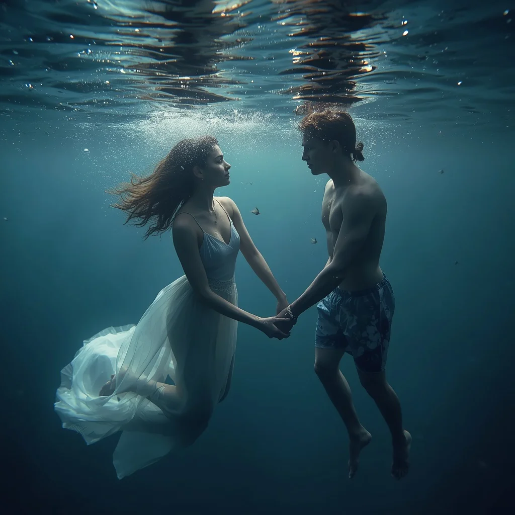 Couple's Romantic Underwater Hand-in-Hand Swim — AI image prompt