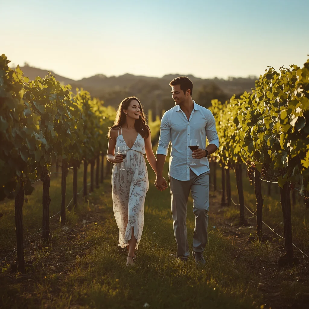 Couple's Romantic Vineyard Stroll with Wine — AI image prompt