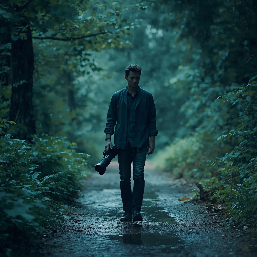 Double Exposure of a Man with a Camera Blended into a Cool-Toned Woodland — AI image prompt