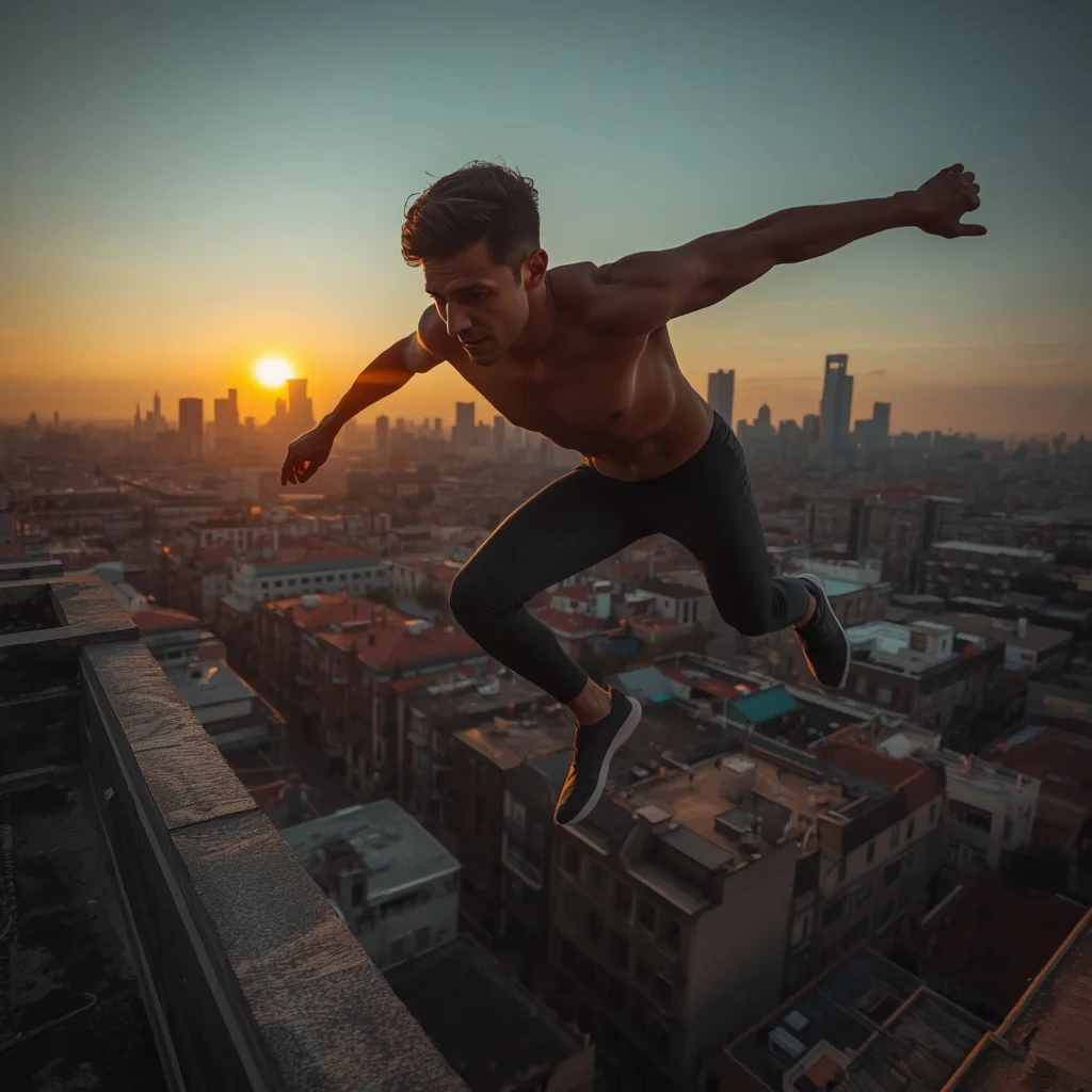 Dynamic Motion: A Man in Parkour Mid-Air Over City Rooftops — AI image prompt