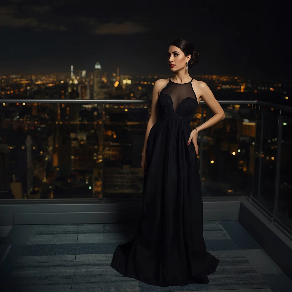 Elegant Black Gown Against a City Skyline — AI image prompt