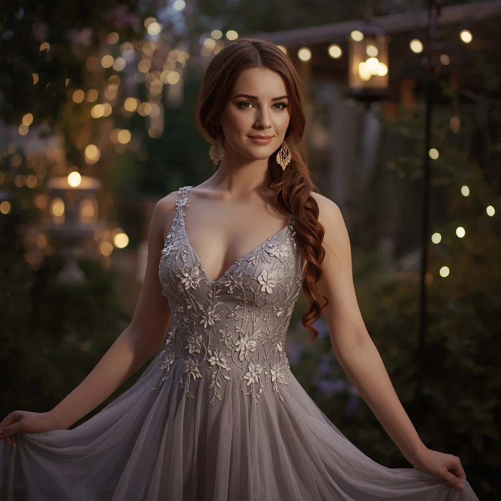 Festive Garden Gala Attire with a Silver Embroidered Gown — AI image prompt