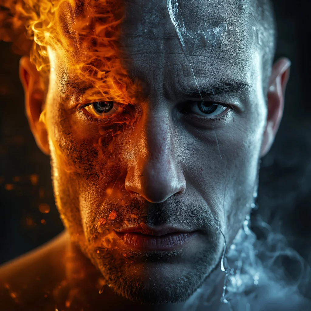 Hyperrealistic Close-Up Portrait of a Man's Face Split by Fire and Ice — AI image prompt