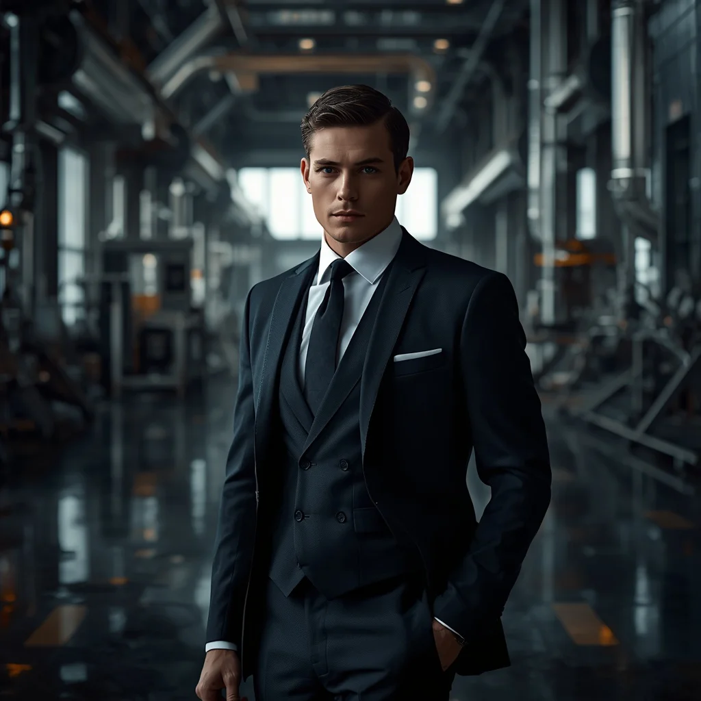 Industrial Elegance: A Man in a Tailored Suit in a Modern Factory — AI image prompt
