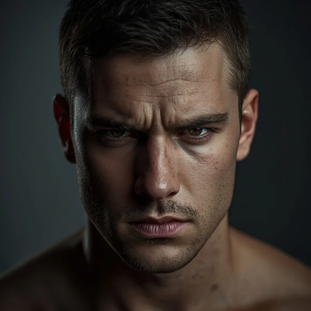 Intense Gaze: A Man's Powerful Close-up Portrait with Dramatic Lighting — AI image prompt