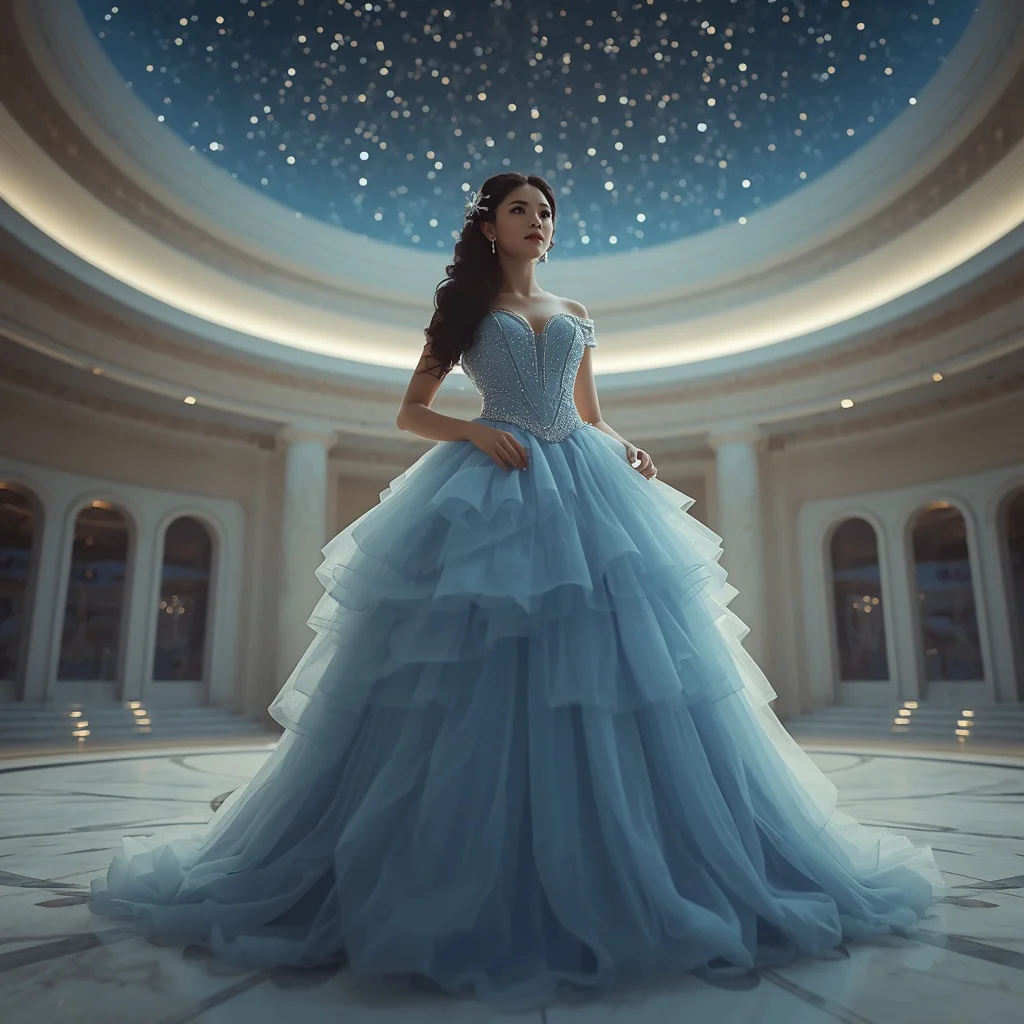 Modern Fairytale in a Celestial Blue Organza Ball Gown — AI image prompt