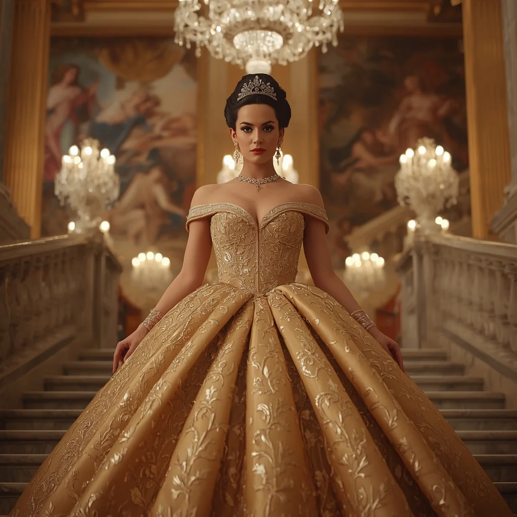 Regal Grandeur in a Golden Embroidered Ball Gown — AI image prompt