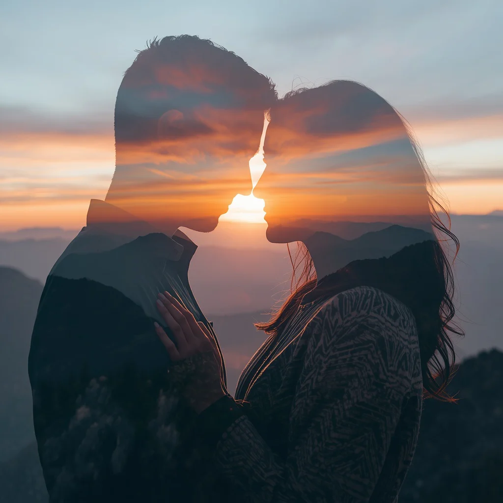 Romantic Couple's Double Exposure Mountain Embrace — AI image prompt