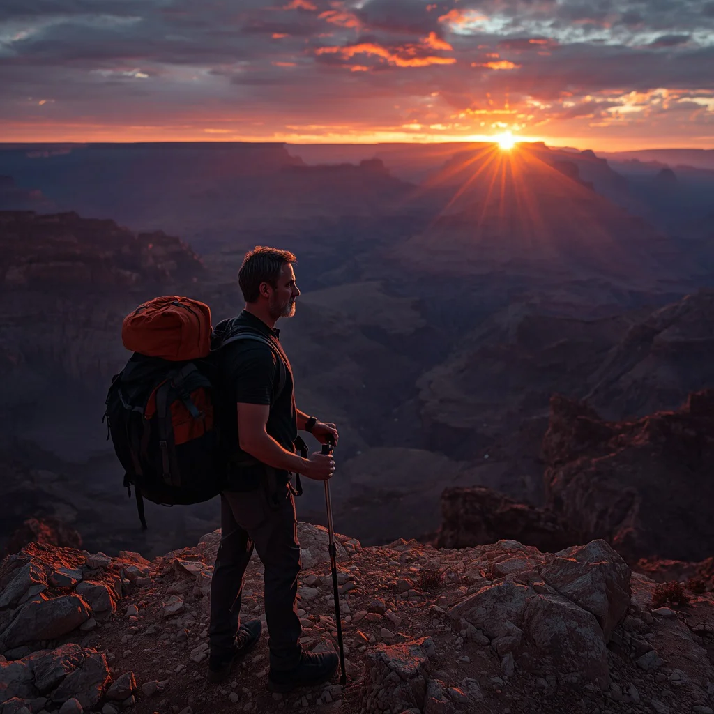 Rugged Wanderer: A Man with His Backpack Overlooking a Vast Canyon — AI image prompt