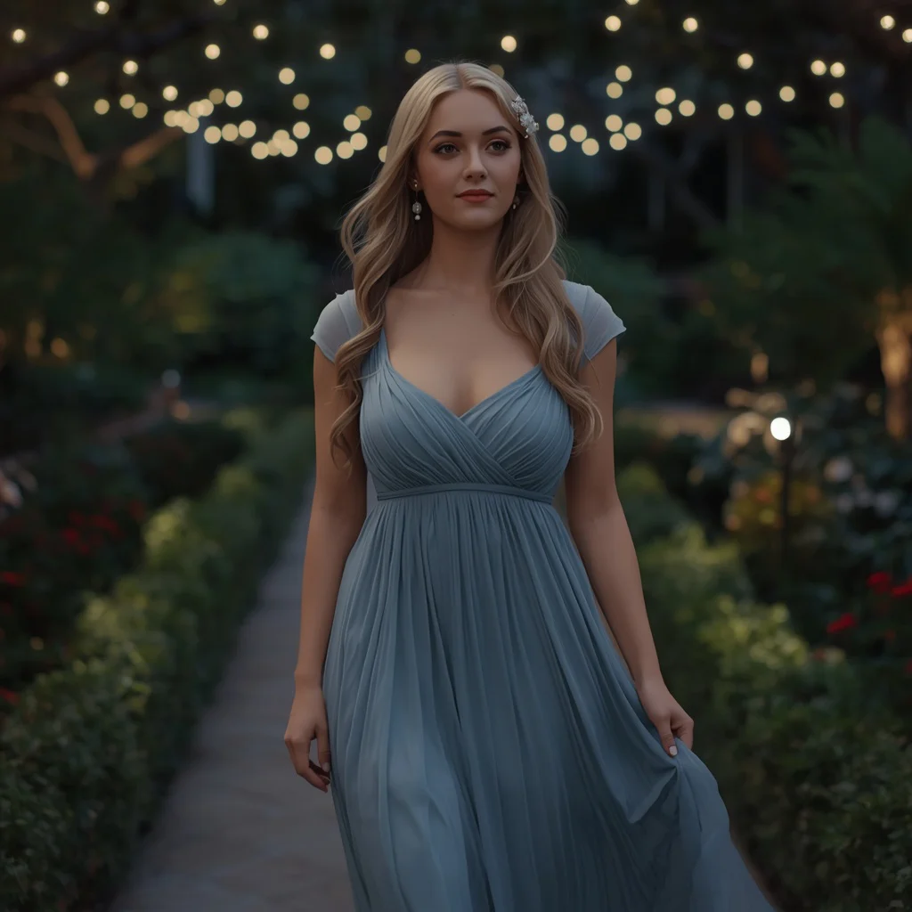 Serene Evening Garden Party with a Flowing Dusty Blue Gown — AI image prompt