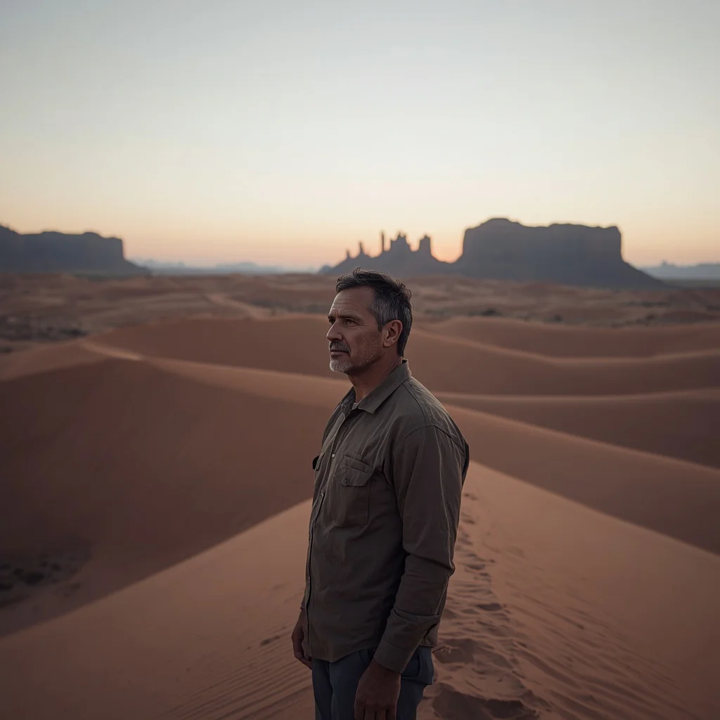 Silent Strength: A Man's Solitary Moment in a Desert Landscape — AI image prompt