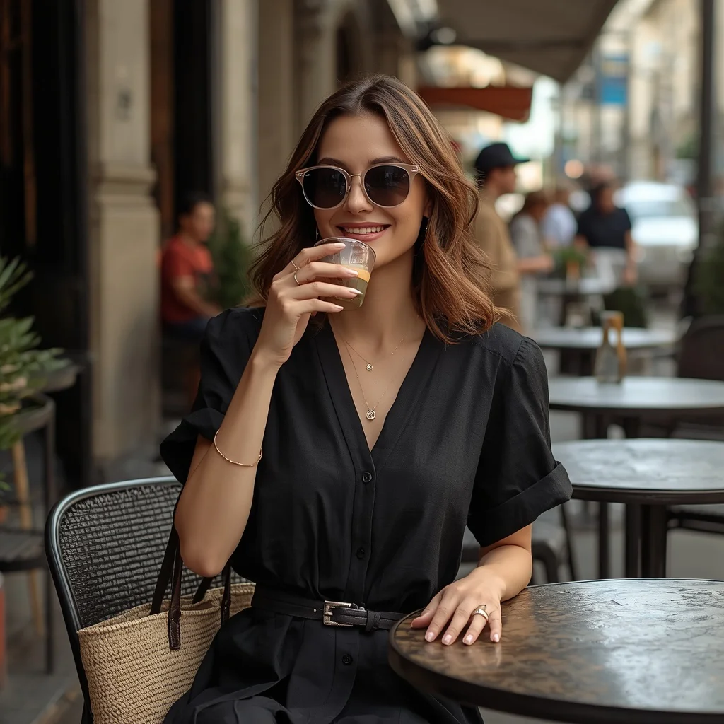 Sophisticated Urban Brunch Attire with a Black Linen Dress — AI image prompt