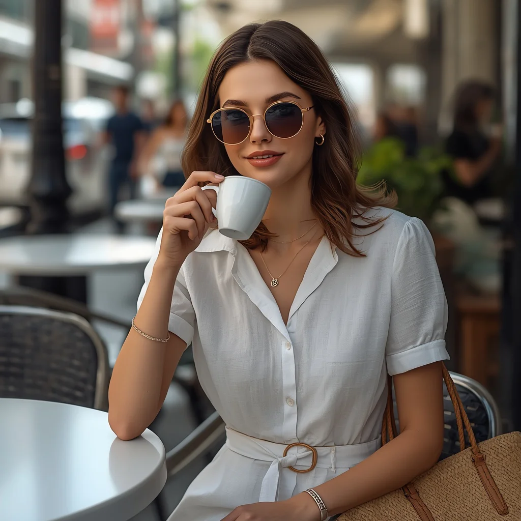 Sophisticated Urban Brunch Attire with a White Linen Dress — AI image prompt