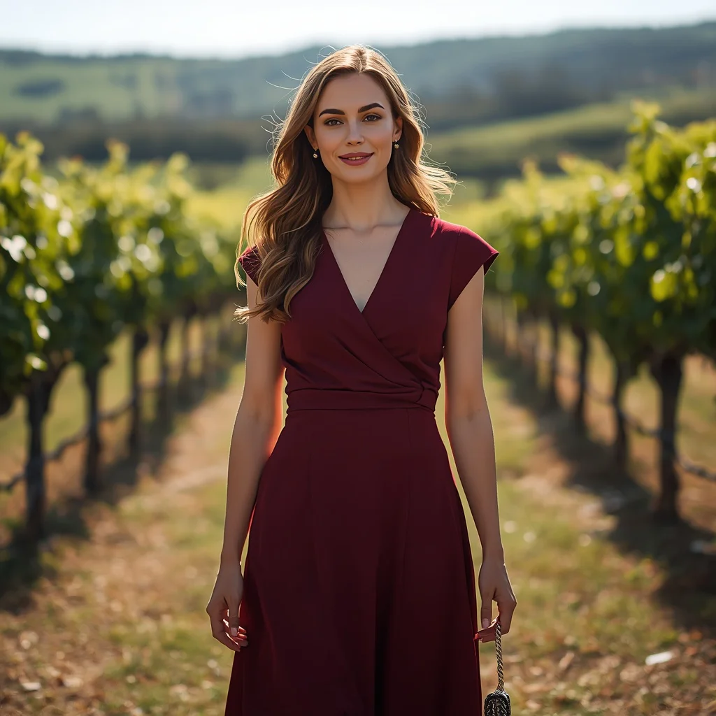 Sophisticated Winery Event in a Burgundy Midi Dress — AI image prompt